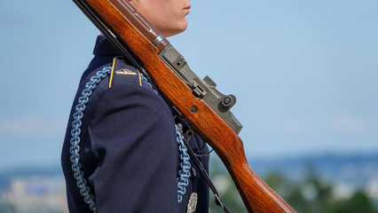 Close up view of a soldier during the Changing of Guard at Tomb of the Unknowns, Arlington National...