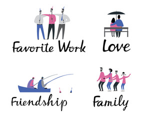 Themed vector stories. Love, Friendship, Favorite job, Family. Stylish drawings. Hand vector minimalistic graphics full color