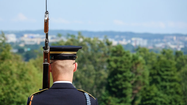 Close up view of a soldier during the Changing of Guard at Tomb of the Unknowns, Arlington National Cemetery, Washington DC, USA