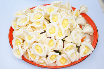 Fake flower and Floral background. rose flowers made of fabric. The fabric flowers bouquet. Colorful of decoration artificial flower