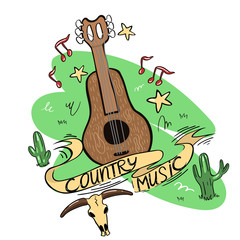 Country music logo with guitar, cacti, skull and notes.