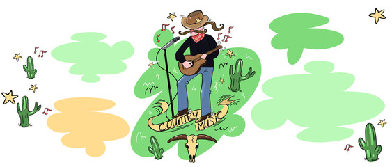 Doodle style country singer with microphone and guitar