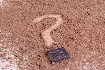 A piece of chocolate, cocoa, a question mark.