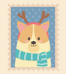 cute dog celebration happy christmas stamp