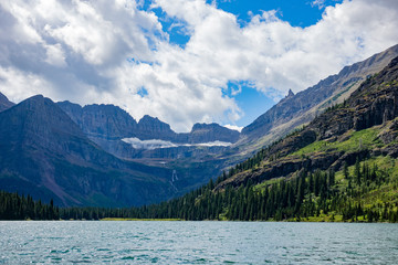 Fototapeta na wymiar Beautiful landscape of Lake Josephine in the Many Glacier area of the famous Glacier National Park