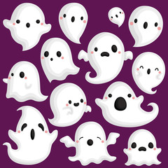 A Vector Set of Cute Various Ghosts in Different Poses