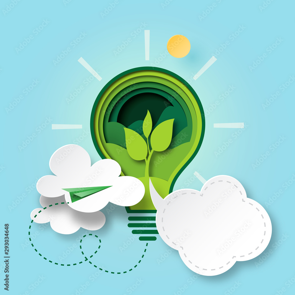 Poster paper cut of green ecology and environment conservation concept with seedling in light bulb and clou
