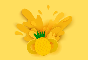 pineapple juice splashes and drops in a paper cut style. pineapple slices and paper slices. soft shadows and rich bright colors. stock vector illustration.