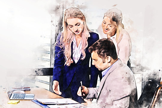 Abstract colorful business teamwork meeting in the office on watercolor illustration painting background.