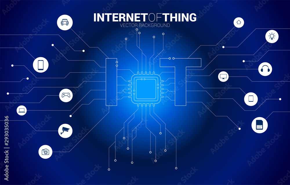 Poster Close up businessman hand touch CPU processor on center of IoT icon. Concept for internet of Things Technology.