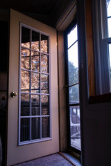 Crabapple Blossoms Are Reflected in the Panes of an Open Door