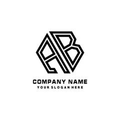 AB initial letters, hexagon logo minimalist art lines, black color