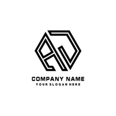 AJ initial letters, hexagon logo minimalist art lines, black color