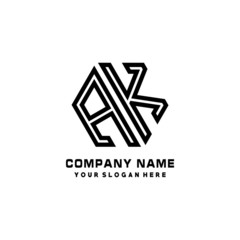 AK initial letters, hexagon logo minimalist art lines, black color