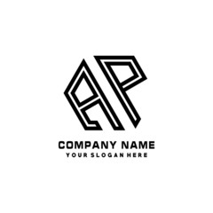 AP initial letters, hexagon logo minimalist art lines, black color