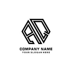 AQ initial letters, hexagon logo minimalist art lines, black color