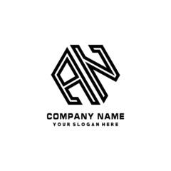 AN initial letters, hexagon logo minimalist art lines, black color
