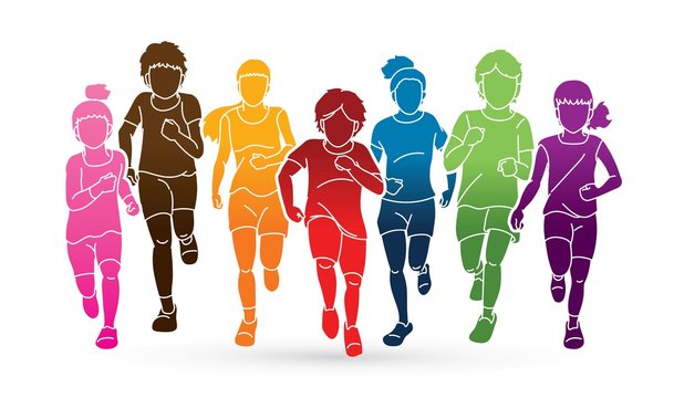 Group of Children running together cartoon graphic vector