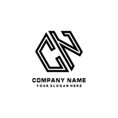 CN initial letters, hexagon logo minimalist art lines, black color