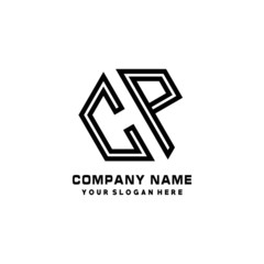 CP initial letters, hexagon logo minimalist art lines, black color