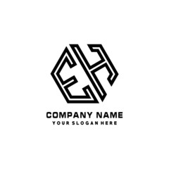 EH initial letters, hexagon logo minimalist art lines, black color