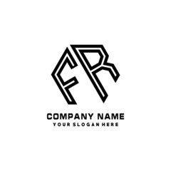 FR initial letters, hexagon logo minimalist art lines, black color