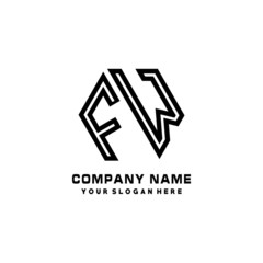 Fototapeta premium FW initial letters, hexagon logo minimalist art lines, black color