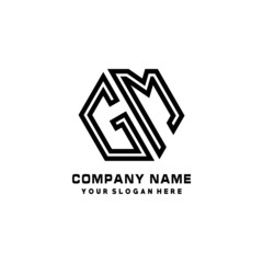 GM initial letters, hexagon logo minimalist art lines, black color