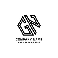 GN initial letters, hexagon logo minimalist art lines, black color