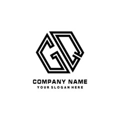 GQ initial letters, hexagon logo minimalist art lines, black color