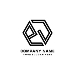 PJ initial letters, hexagon logo minimalist art lines, black color