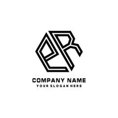 Fototapeta premium PR initial letters, hexagon logo minimalist art lines, black color
