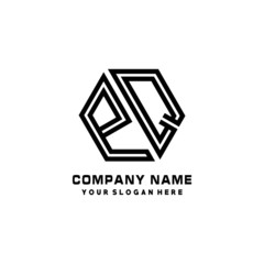 PQ initial letters, hexagon logo minimalist art lines, black color