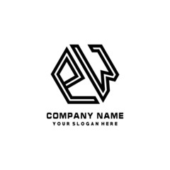 PW initial letters, hexagon logo minimalist art lines, black color