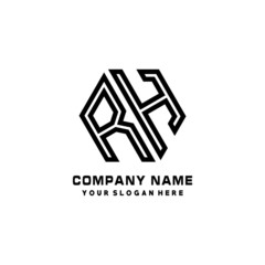 RH initial letters, hexagon logo minimalist art lines, black color