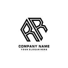 RR initial letters, hexagon logo minimalist art lines, black color