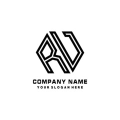 RV initial letters, hexagon logo minimalist art lines, black color