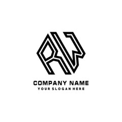 RW initial letters, hexagon logo minimalist art lines, black color
