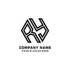 RY initial letters, hexagon logo minimalist art lines, black color