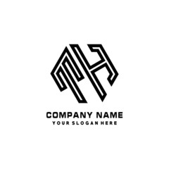 TH initial letters, hexagon logo minimalist art lines, black color