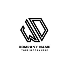 WD initial letters, hexagon logo minimalist art lines, black color