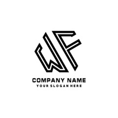 WF initial letters, hexagon logo minimalist art lines, black color