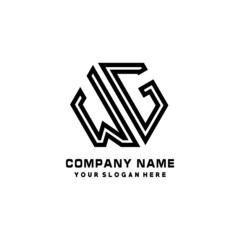 WG initial letters, hexagon logo minimalist art lines, black color