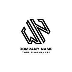 WN initial letters, hexagon logo minimalist art lines, black color