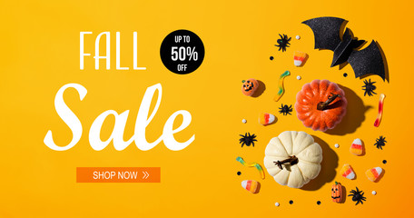 Fall sale banner with Halloween theme background - flat lay