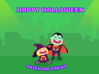 Halloween party for kids A group of children in Halloween costumes  on an green background at night