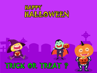Halloween party for kids A group of children in Halloween costumes On an purple background at night