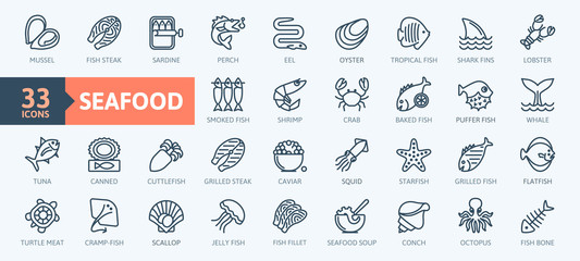 Fish and seafood elements - thin line web icon set. Outline icons collection. Simple vector illustration. - 293039614