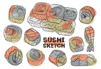 Sushi roll sketch set. Hand drawing  Japanese cuisine. All elements are isolated in white background