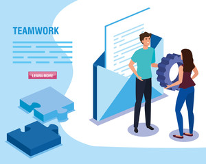 teamwork people with envelope and puzzle pieces